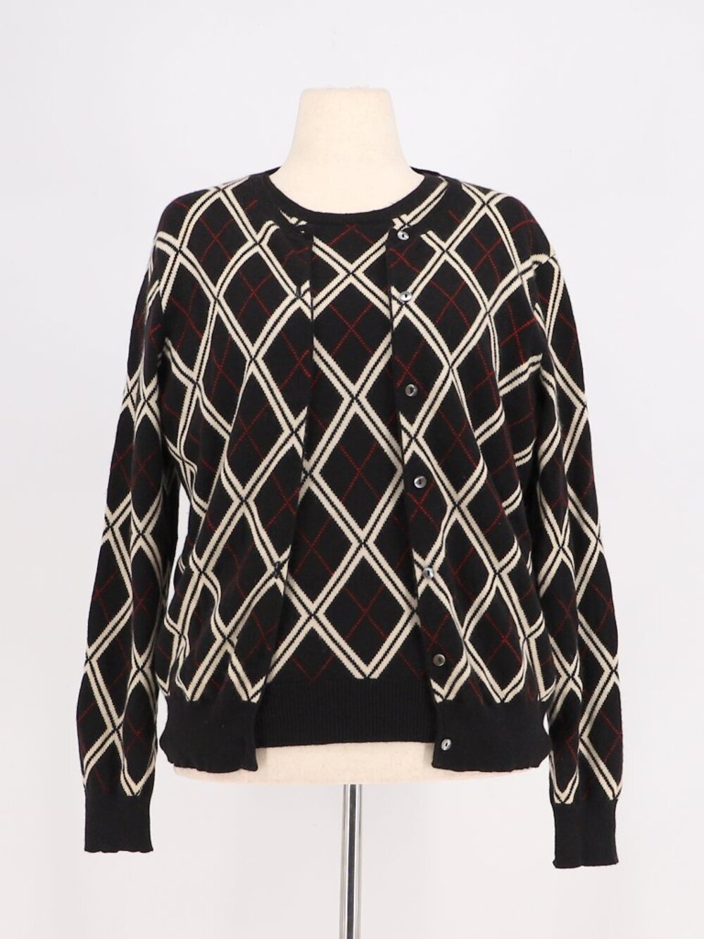 SAKS FIFTH AVENUE Women's 100% Cashmere Sweater & Cardigan Black Argyle Size XL